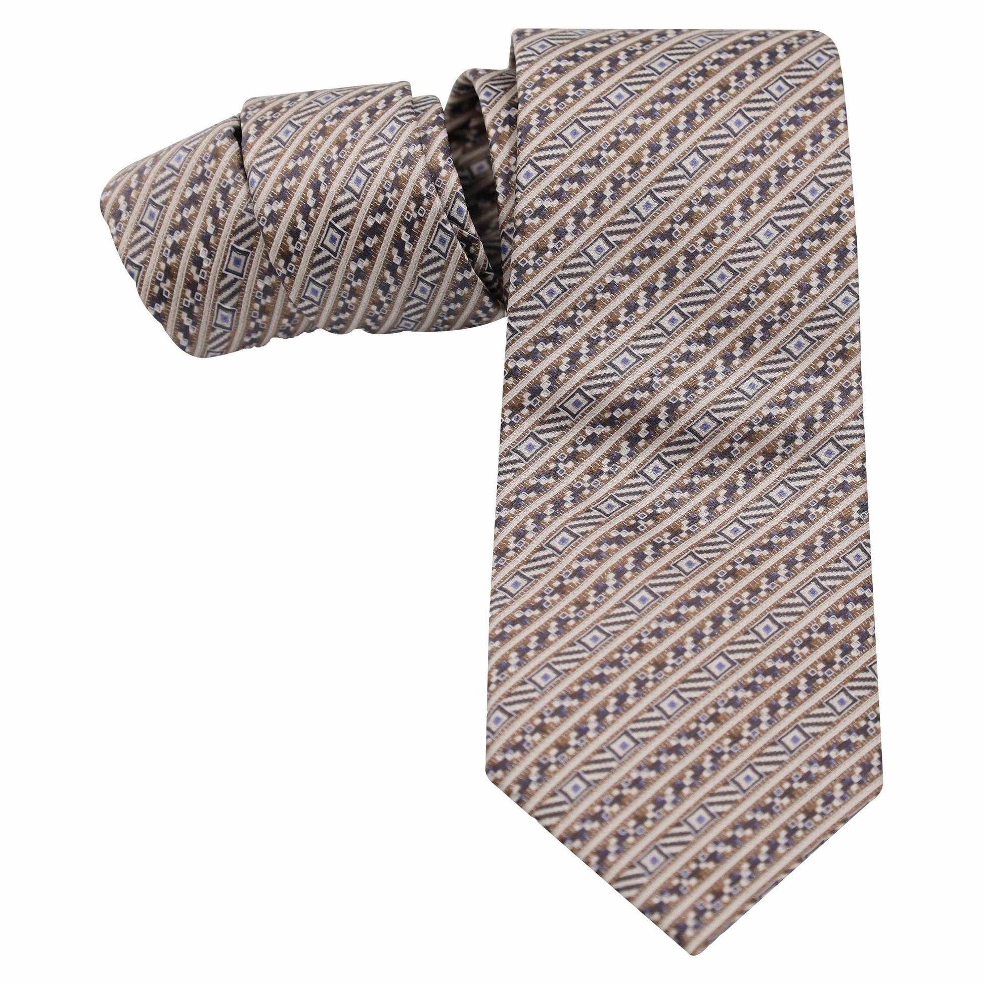 BEIGE AND BROWN HERRINGBONE DIAGONAL STRIPE SILK TIE - Just White Shirts