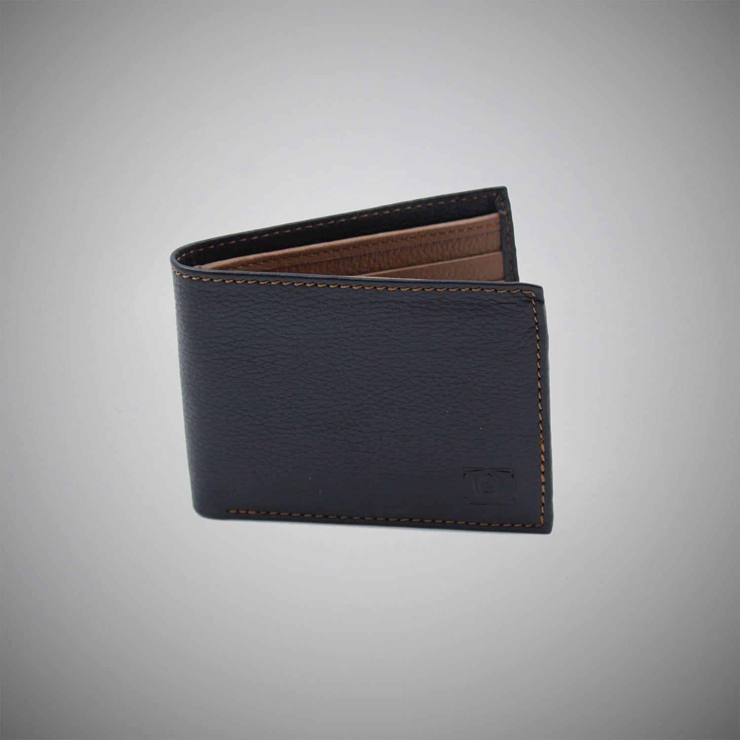 Black Embossed Calf Leather Wallet With Tan Stitch 001 - Just White Shirts