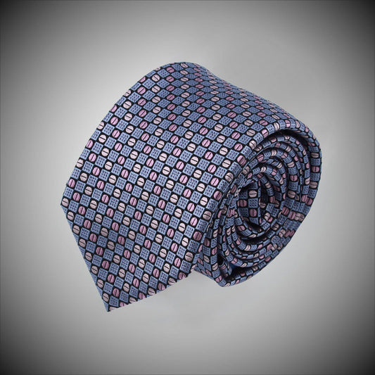 Black Ground With Pink Circles Grey Squares Woven Silk Tie - Just White Shirts