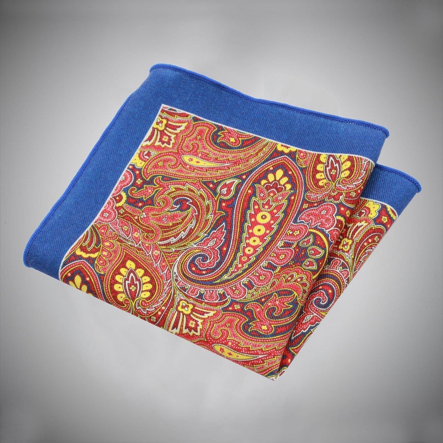 Blue Border With Red Yellow Blue Paisley Wool Pocket Square - Just White Shirts