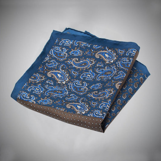 Blue Brown Paisley Neat Pattern Four Panel Silk Pocket Square - Just White Shirts