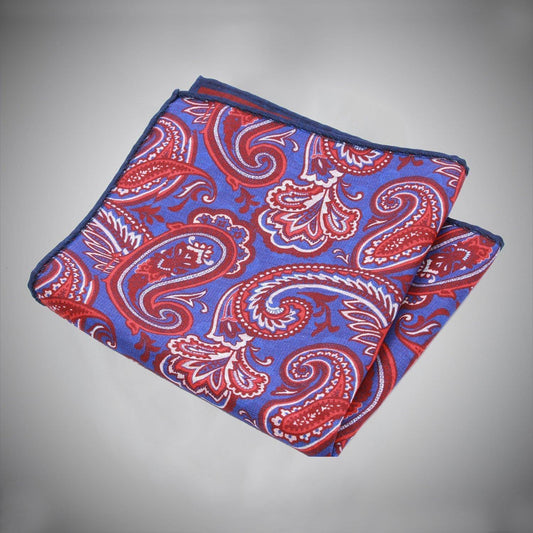 Blue Ground With Red Maroon Paisley Pattern Double Sided Silk Cotton Pocket Square - Just White Shirts