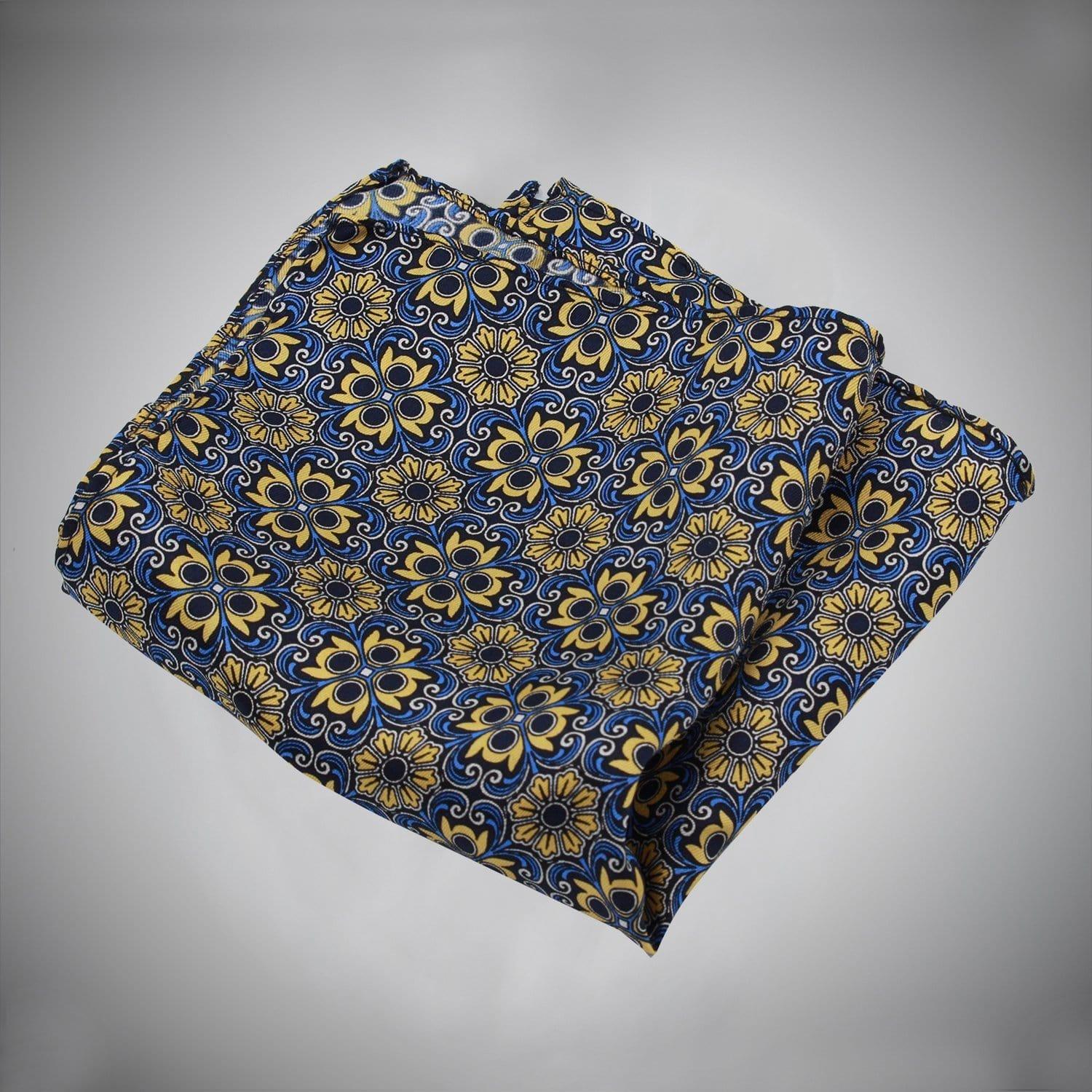 Blue Ground With Yellow Floral Medallion Pattern Silk Pocket Square - Just White Shirts