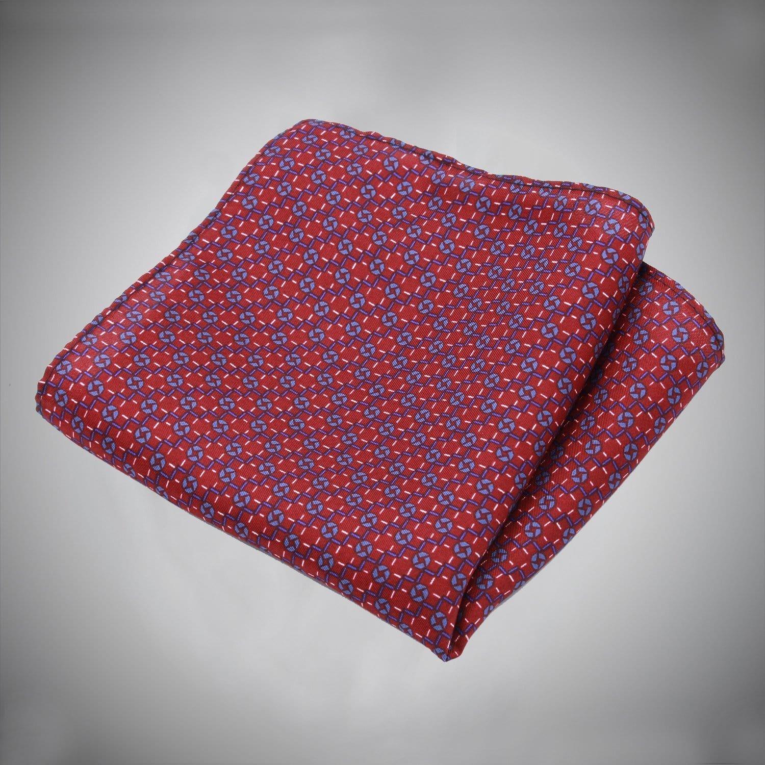 Burgundy With Blue Geometric Pattern Silk Pocket Square - Just White Shirts