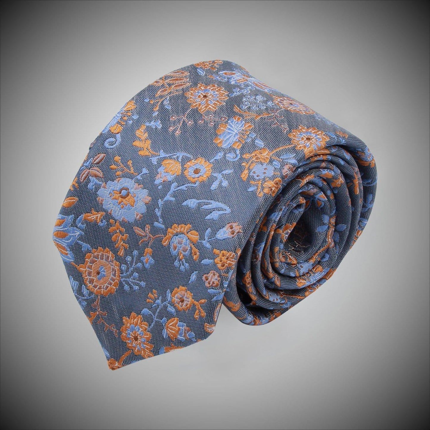 Denim Blue Ground With Orange And Sky Blue Floral Pattern Woven Silk Tie - Just White Shirts