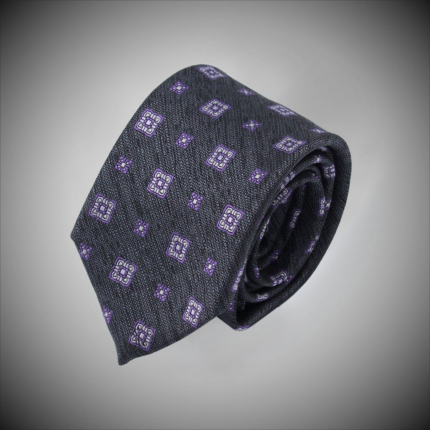 Grey Ground With Square Purple Medallions Woven Silk Tie - Just White Shirts