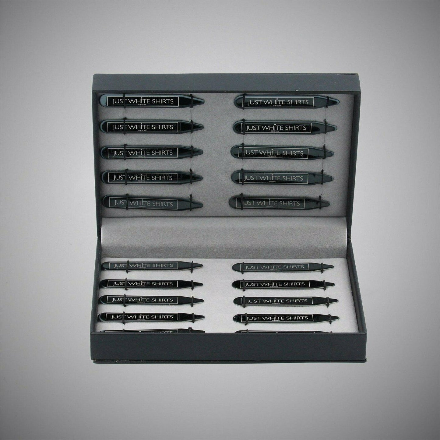 JWS Black Chrome Finish Stainless Steel 20 Piece Collar Stay Box Set - Just White Shirts