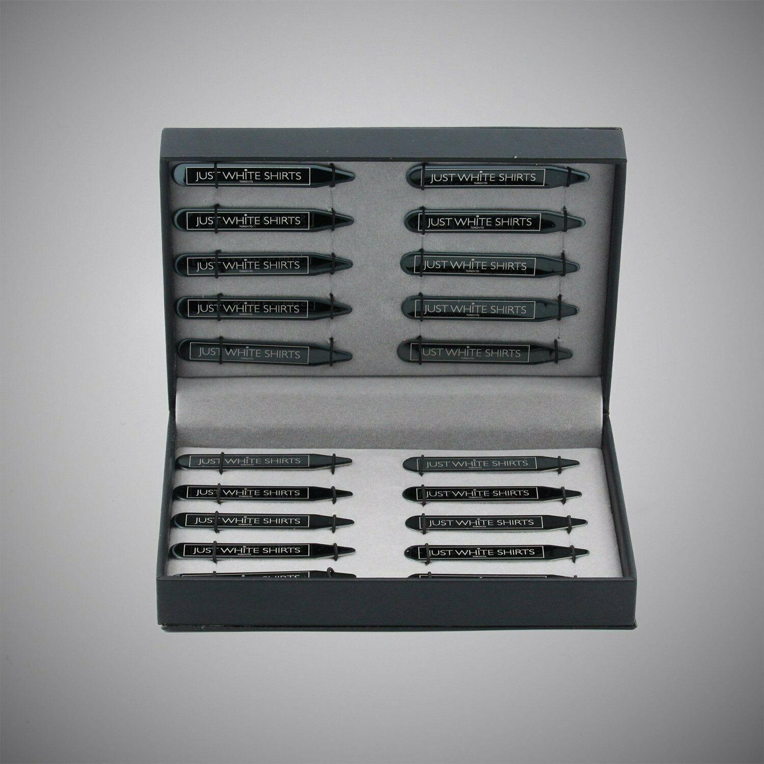 JWS Black Chrome Finish Stainless Steel 20 Piece Collar Stay Box Set - Just White Shirts