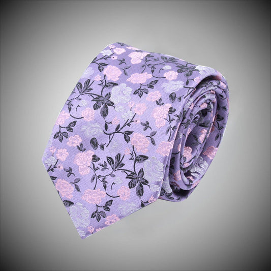 Lavander Ground With Pink White Floral Pattern Woven Silk Tie - Just White Shirts