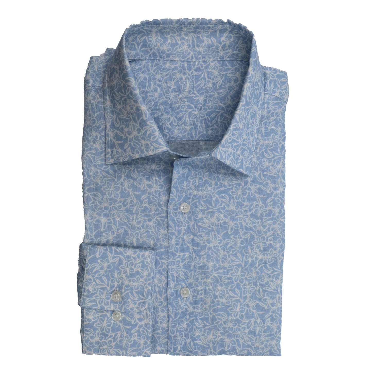 Linen Sports Shirt White Flowers on Sky Blue background - Just White Shirts