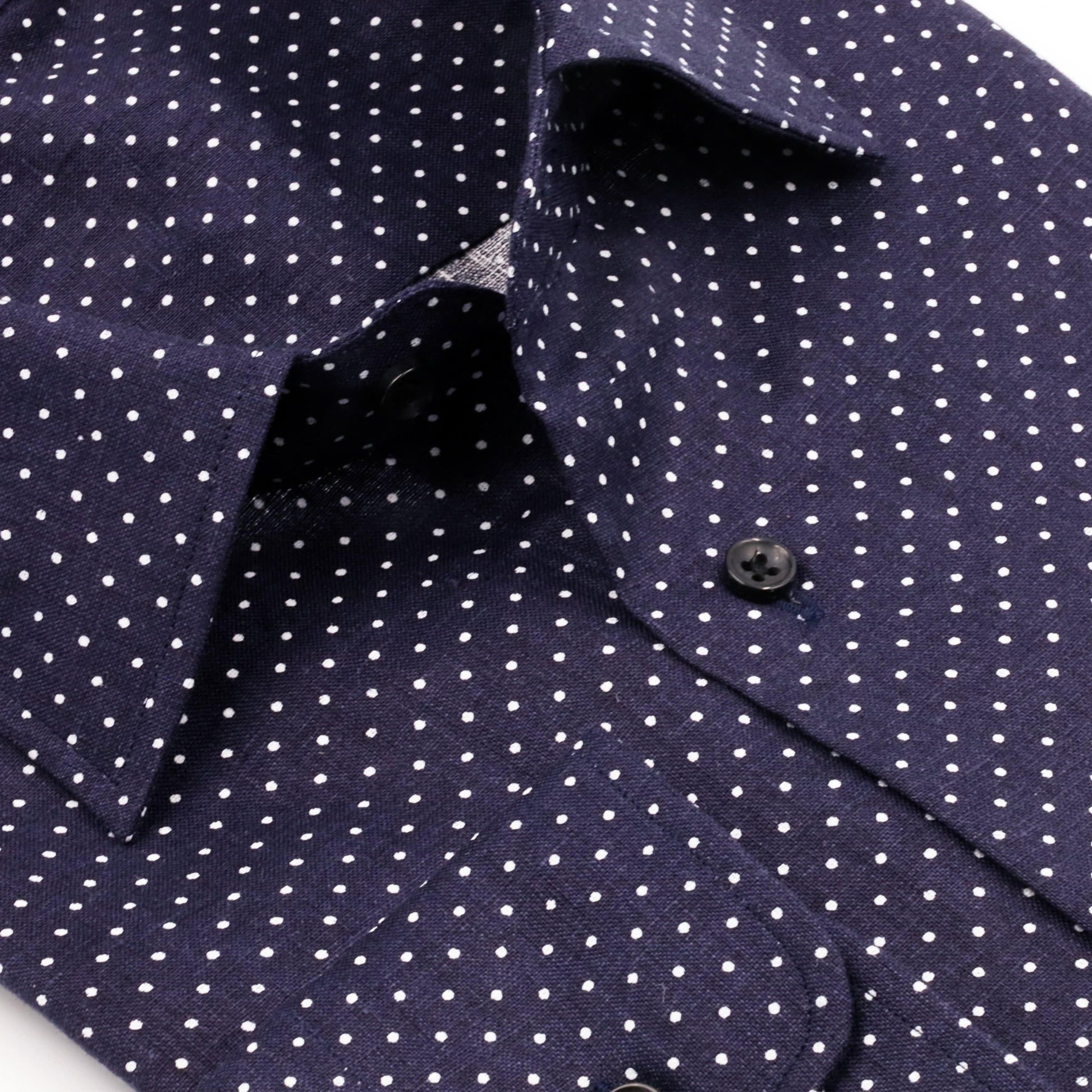 Linen Sports Shirt White Polka Dots on Dark Navy background - Just White Shirts