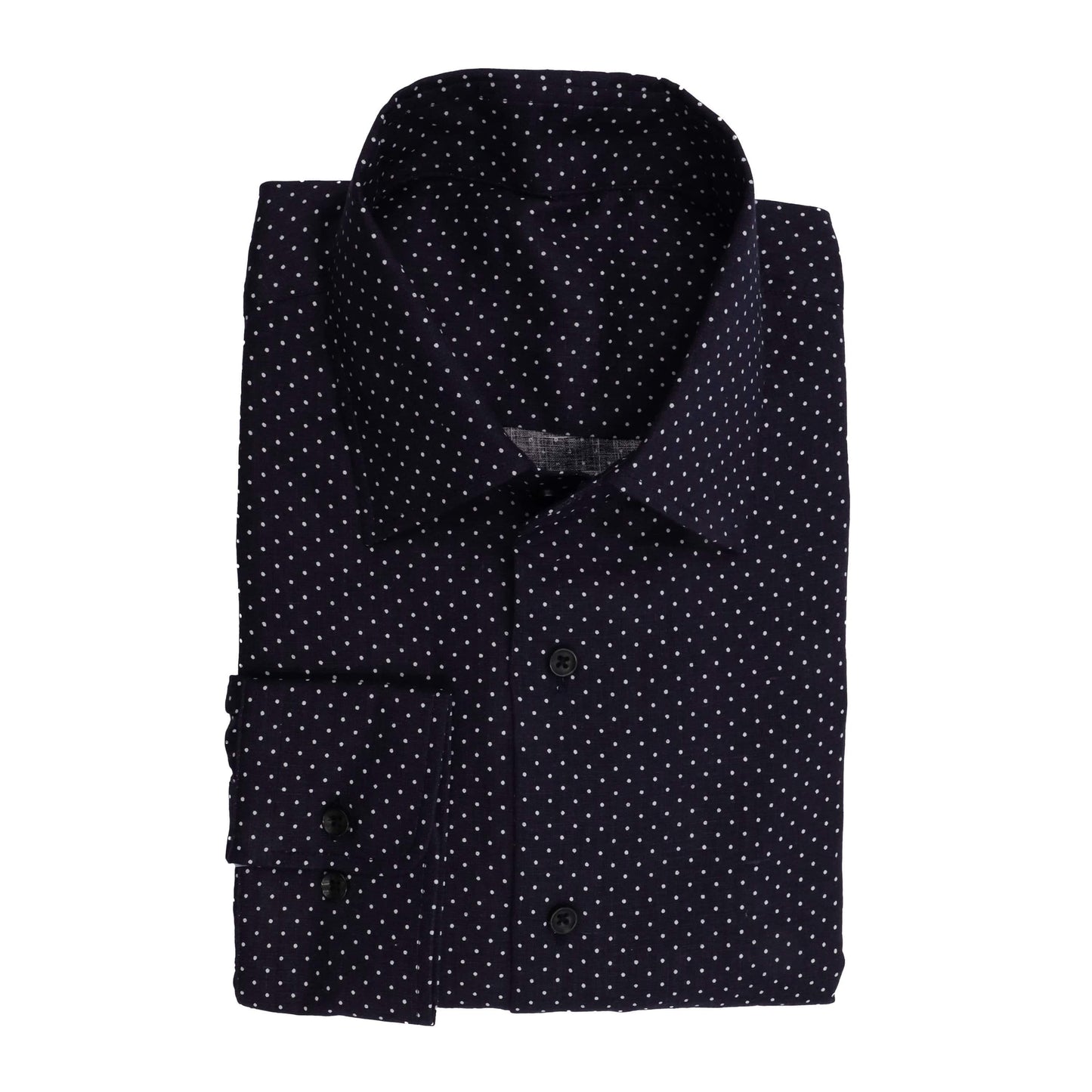 Linen Sports Shirt White Polka Dots on Dark Navy background - Just White Shirts