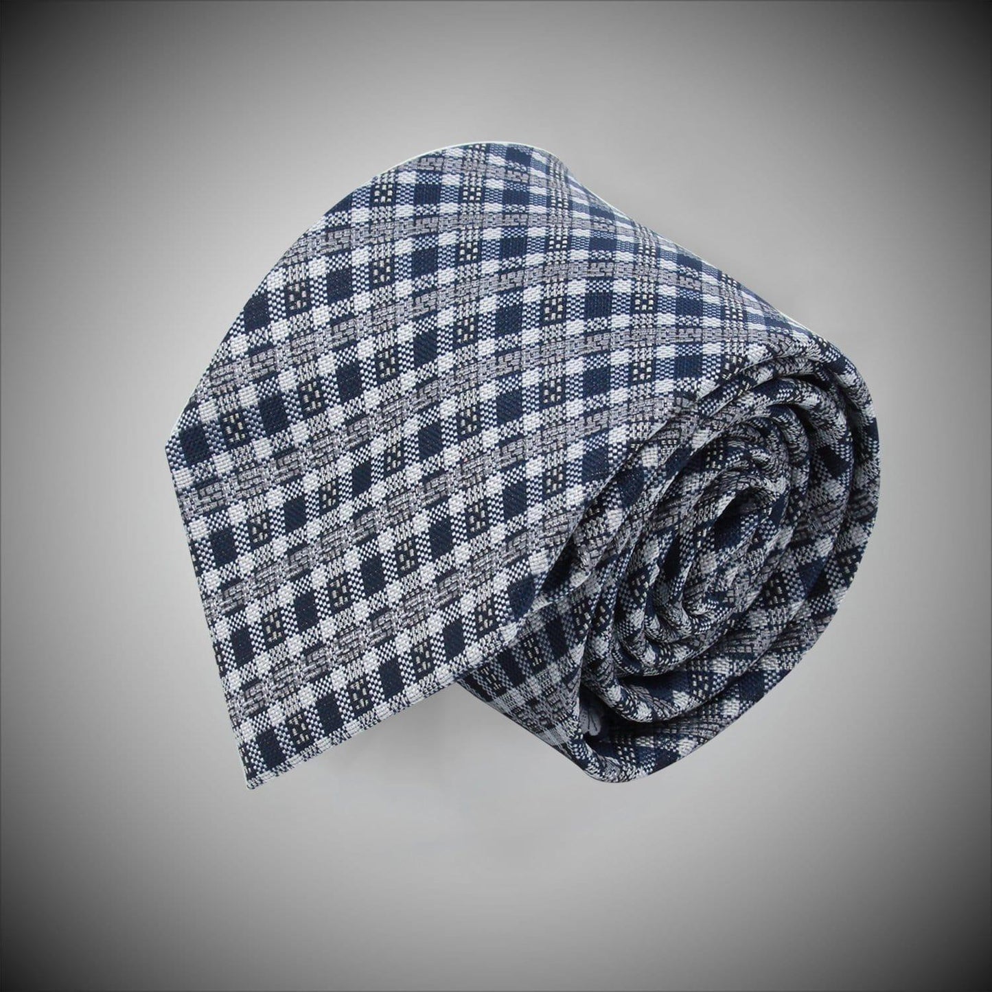 Navy White Textured Check Pattern Woven Silk Tie - Just White Shirts