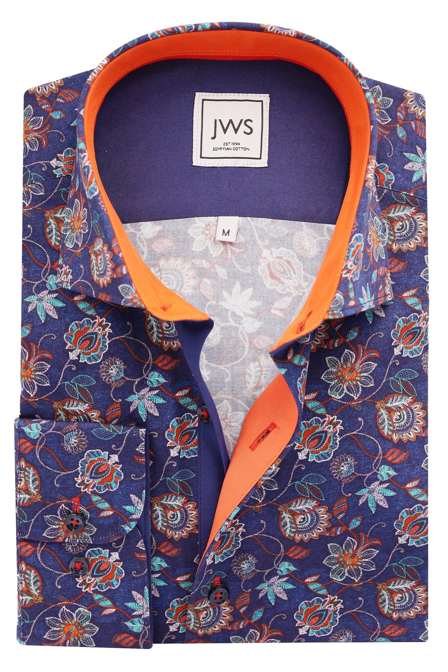 Orange Turquoise Floral on Navy Ground - Just White Shirts