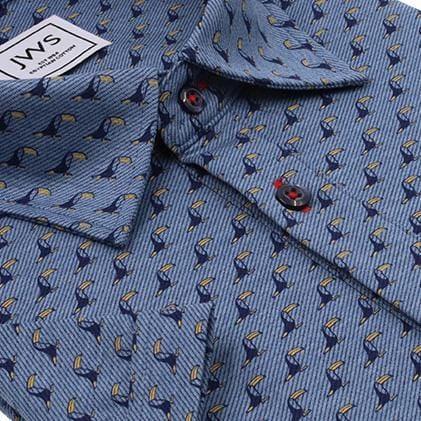 Printed Bird Design on a Blue Twill Knit Polo Shirt - Just White Shirts