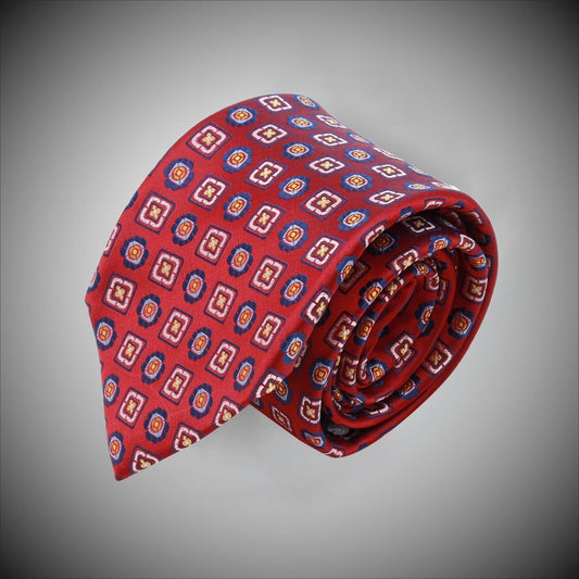 Red Ground With Blue White Medallion Pattern Woven Silk Tie - Just White Shirts