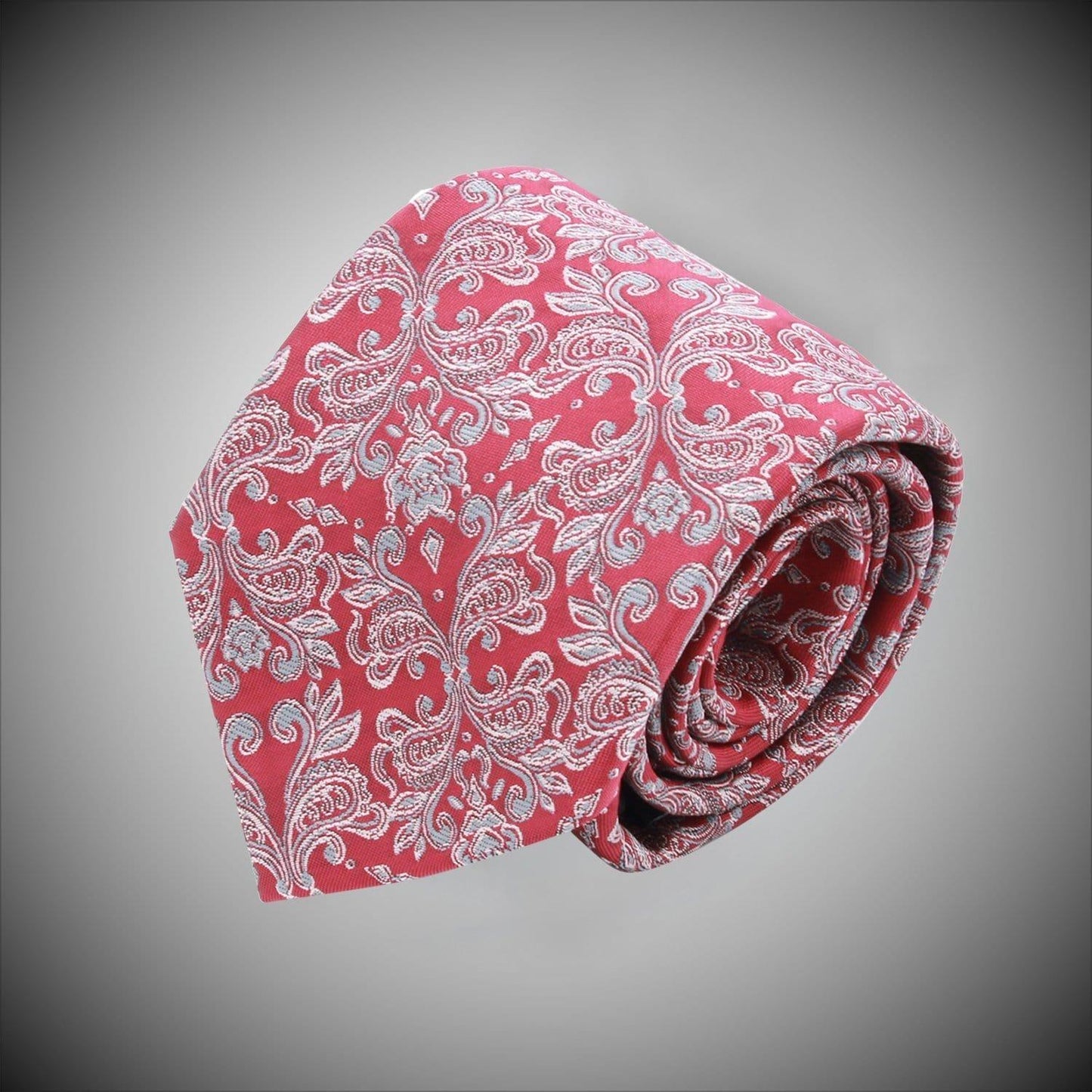 Red Ground With Grey Floral Pattern Woven Silk Tie - Just White Shirts