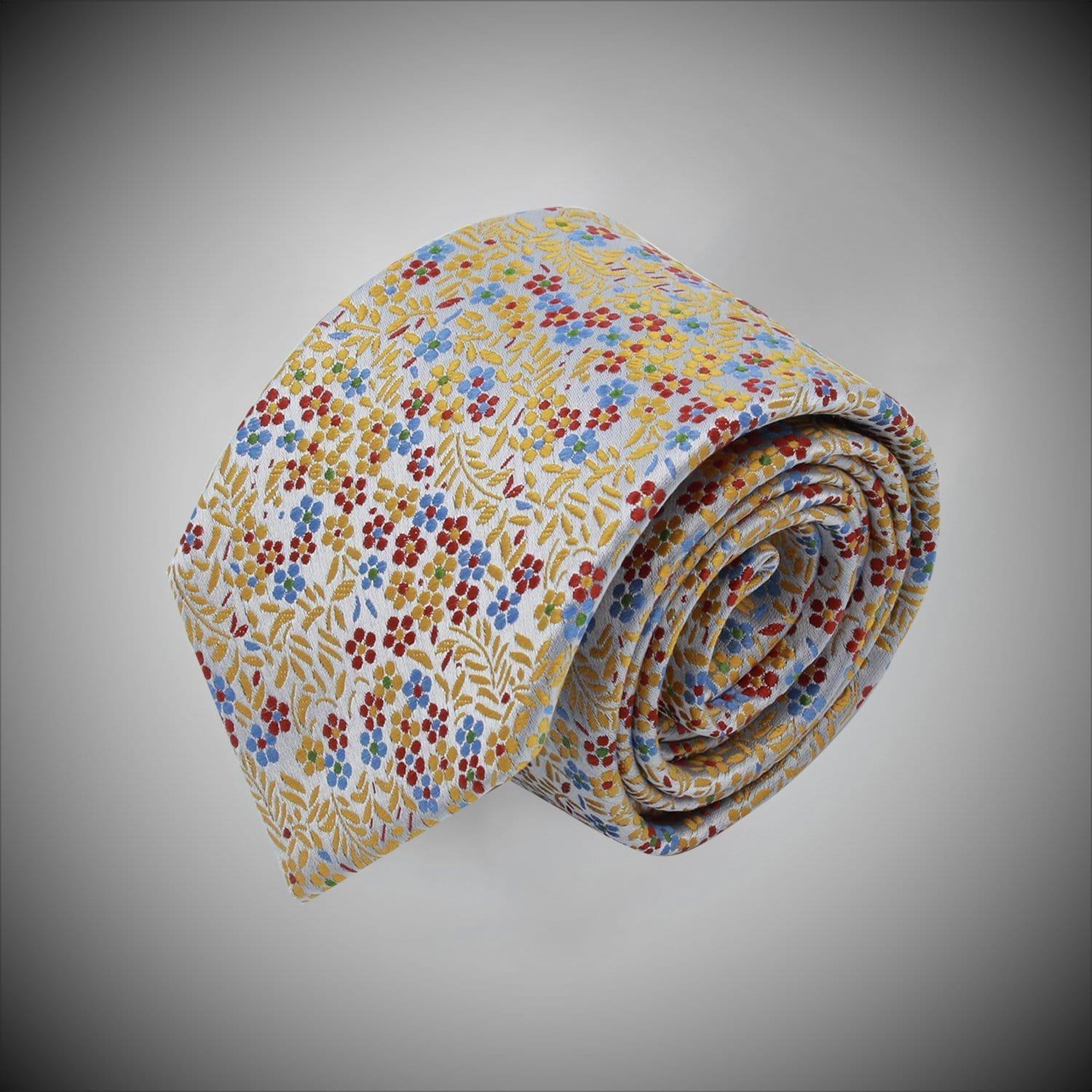 Silver Grey Ground With Red Blue Yellow Floral Pattern Woven Silk Tie - Just White Shirts