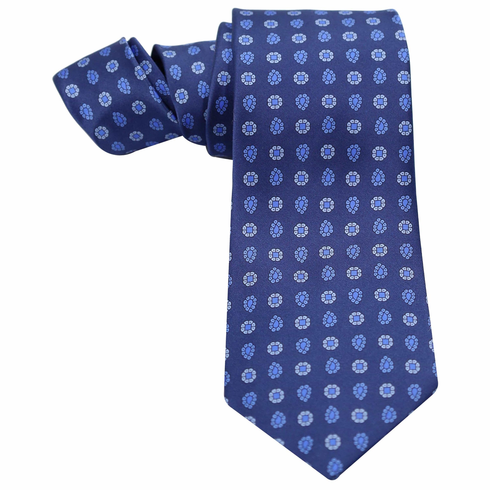 SKY BLUE FOULARD ON MID BLUE SILK TIE - Just White Shirts