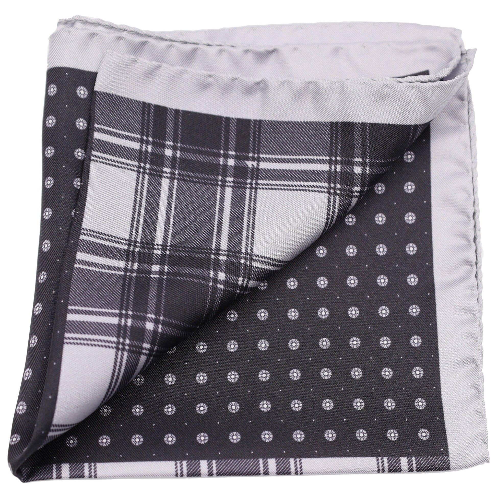 White Foulard with Black Check SIlk Pocket Square - Just White Shirts