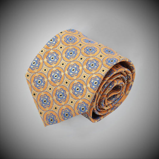 Yellow Ground With Blue Medallions Woven Silk Tie - Just White Shirts